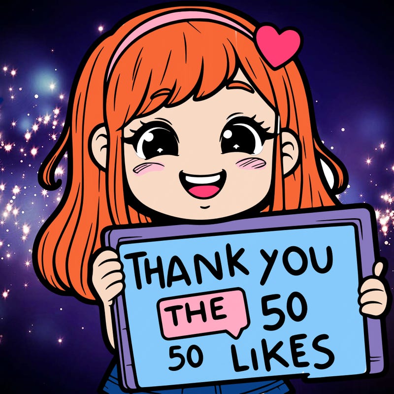 a happy girl holding a sign that says "tank you for the 50 likes"