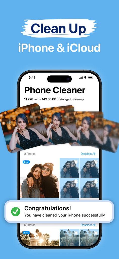 Phone Cleaner - Clean Up - Phone Cleaner app screen showing storage cleanup success and duplicate photo organization