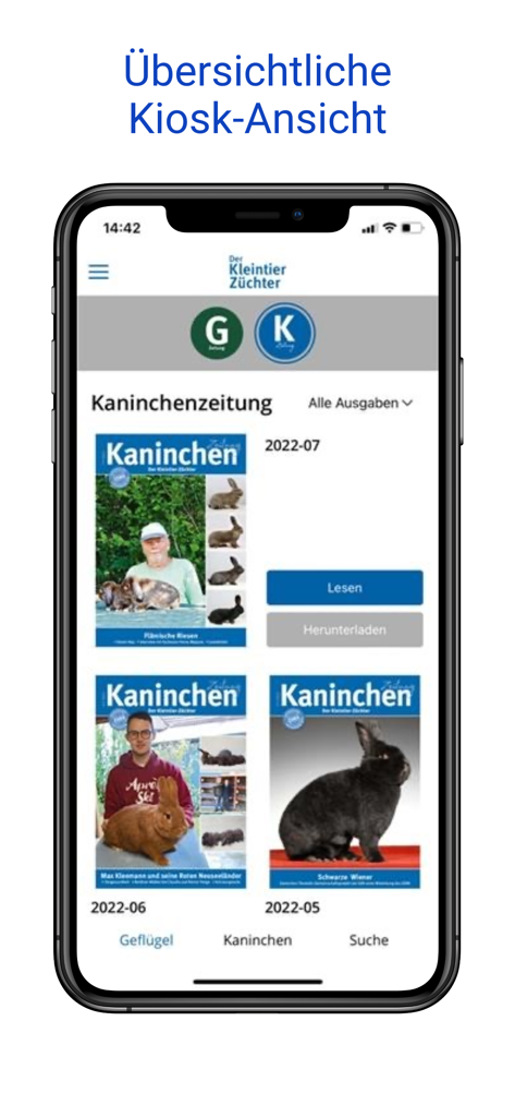 Digitale Kiosk-Ansicht von Titelseiten von Kaninchenzuchtmagazinen in der Der Kleintierzüchter App