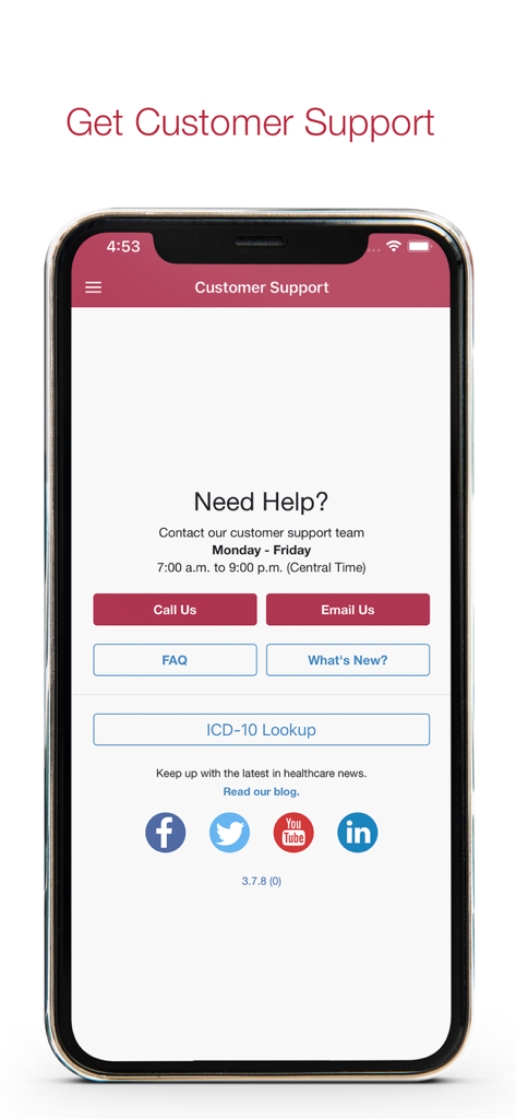 Axxess Home Health - Axxess Home Health mobile app customer support screen featuring contact buttons for calling and emailing support.