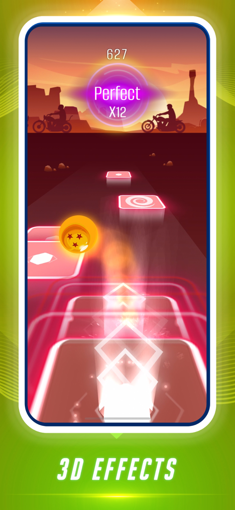 Dance Tiles: Music Ball Games - A yellow star ball jumping on neon red music tiles with a desert motorcycle background and 3D effects