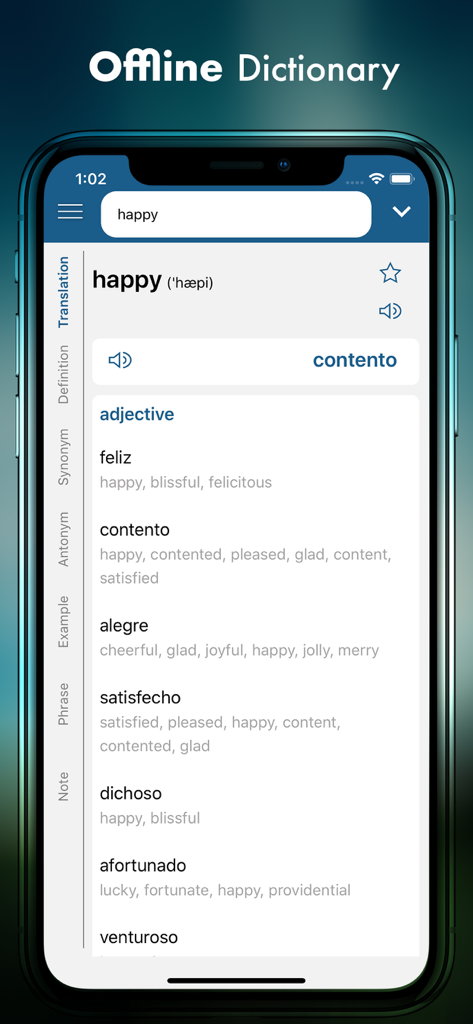 Spanish Plus Dict & Translator - A mobile app screenshot showing the Spanish Plus offline dictionary with translations and synonyms for the word happy