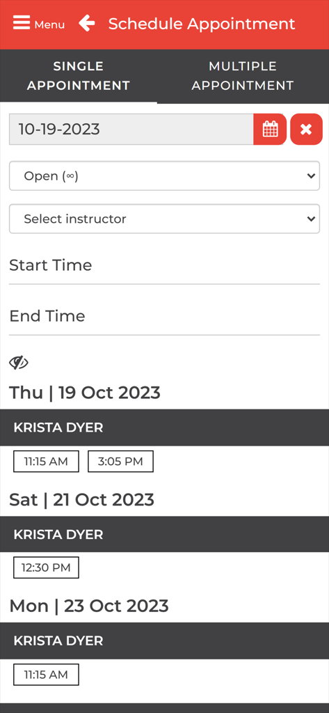 Interface do aplicativo Aries Sports Center para agendar compromissos e selecionar instrutores.