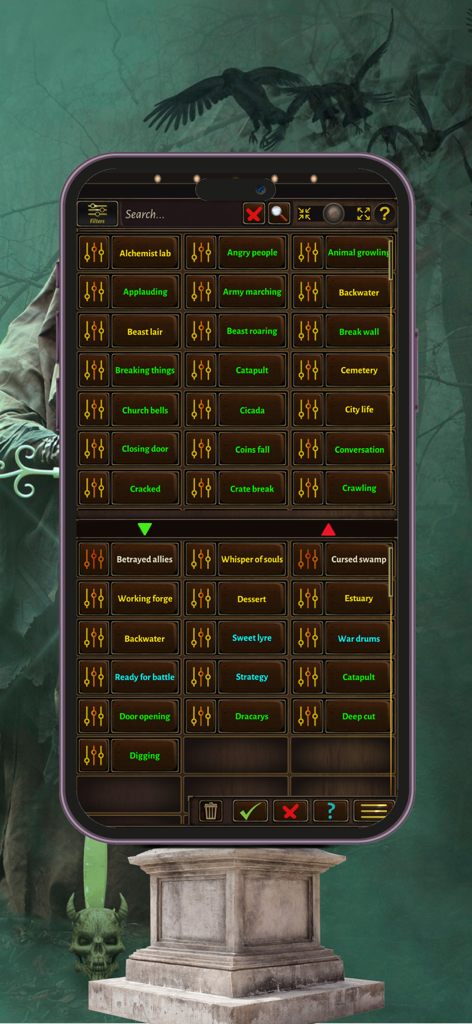 RPG Master Sounds Mixer - RPG Master Sounds Mixerアプリのインターフェース。テーブルトップゲーム用の様々なサウンドエフェクトボタンのグリッドが表示されています。