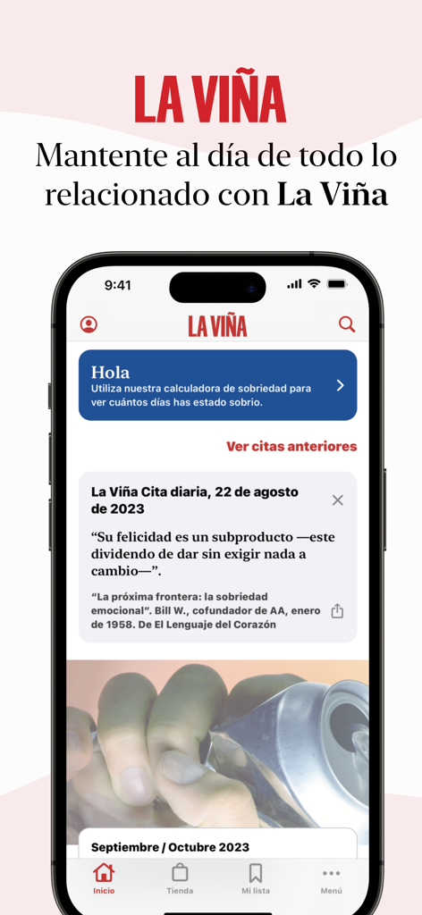 AA La Viña - Startbildschirm der AA La Viña Mobile App mit einem täglichen Nüchternheitszitat und einem Nüchternheitsrechner auf Spanisch.