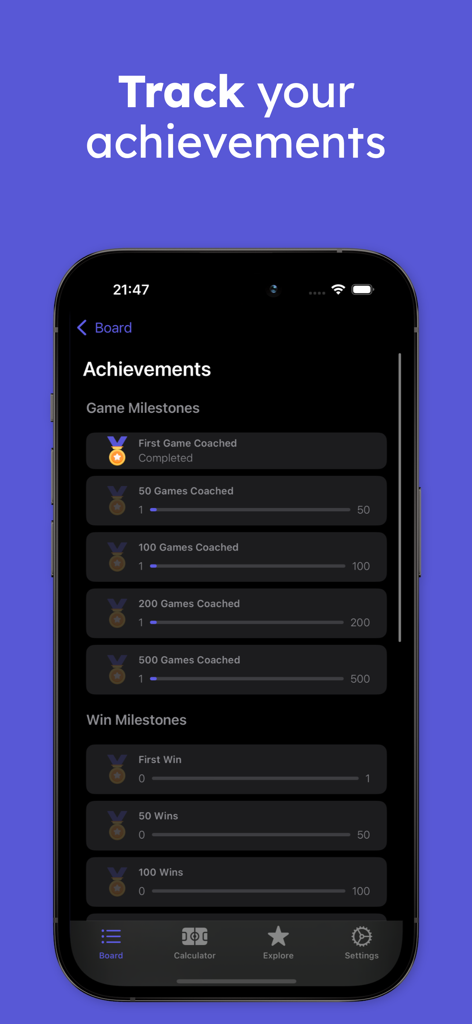 Achievements screen showing coaching and win milestones in the Career Mode Tracker app