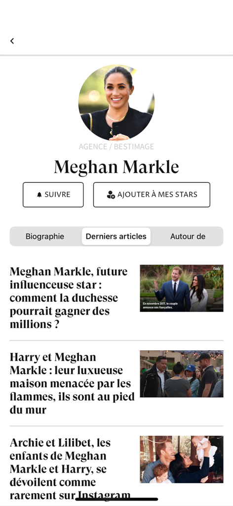 Meghan-Markle-Profilseite in der Gala-App mit Promi-Nachrichtenartikeln und Folgen-Buttons