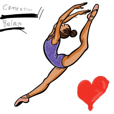 gymnast doing a leap in a leotard with a bent back leg