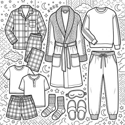 Step into comfort with this delightful coloring page featuring an array of men's sleepwear and loungewear. Explore everything from classic pajamas to snug robes, perfect for a relaxing coloring session.