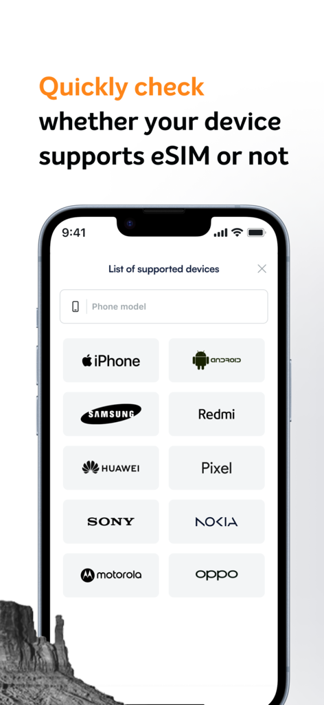 Gohub eSIM - Gohub app screen listing smartphone brands that support eSIM