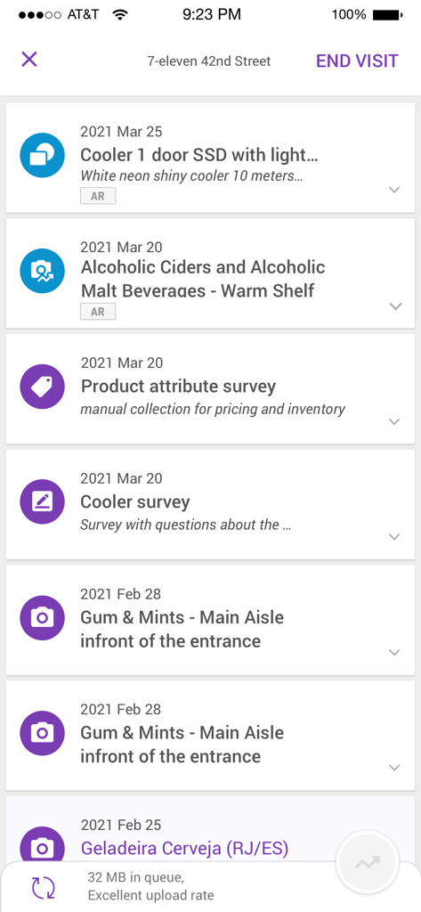 Trax Retail mobile app interface displaying a list of store audit tasks and surveys for a specific retail location visit