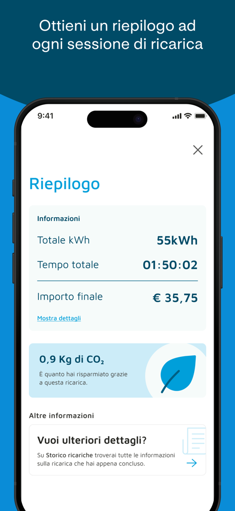 A2A Emoving - Schermata dell'app A2A Emoving che mostra un riepilogo di una sessione di ricarica con durata, energia utilizzata e prezzo finale