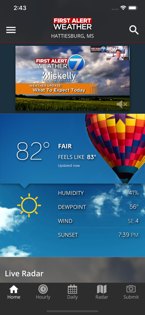 WDAM 7 First Alert Weather - WDAM 7 First Alert Weather app dashboard showing current 82 degree temperature in Hattiesburg Mississippi