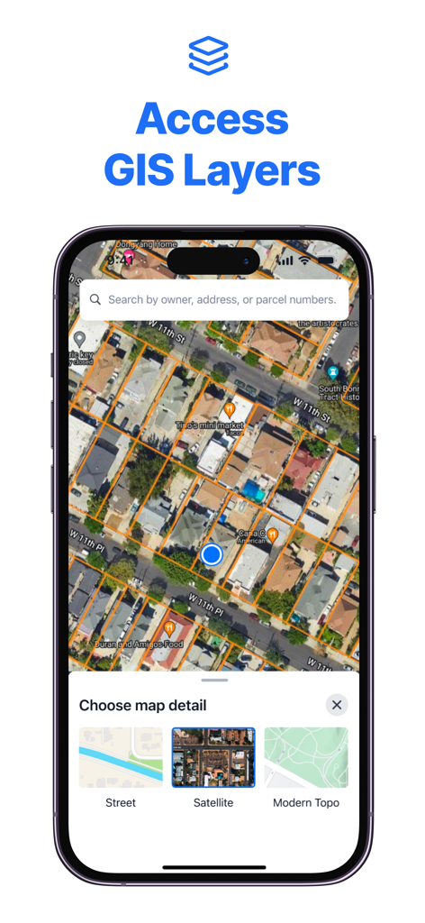 A smartphone displaying property boundary lines on a satellite map view within the LandMap app