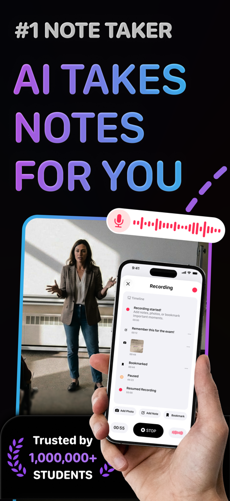 TLDL app interface recording a classroom lecture and generating automated AI notes for students