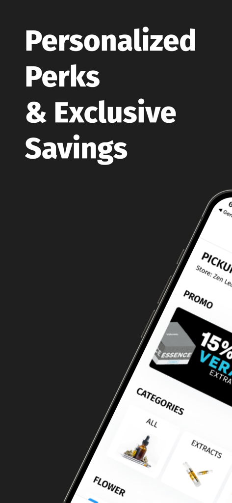 Zen Leaf plus 모바일 앱에서 대마초 지점 매장 주문에 대한 개인화된 혜택 및 독점 할인을 보여줍니다.