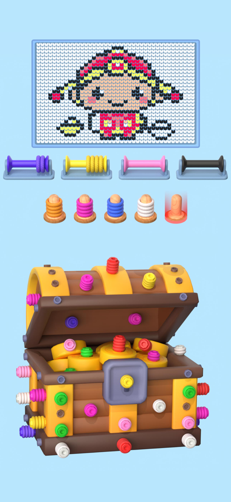 Wool Master 3D - Thread Sort - 3D yarn sorting puzzle game featuring a colorful treasure chest and a knitted character portrait being revealed