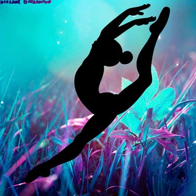 gymnast doing a leap in a leotard with a bent back leg