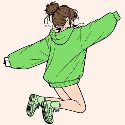 realistic girl jumping with a bun and oversized sweatshirt