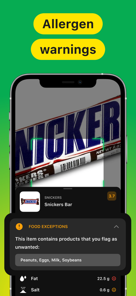 Food scanner app displaying an allergen warning after scanning a product barcode.