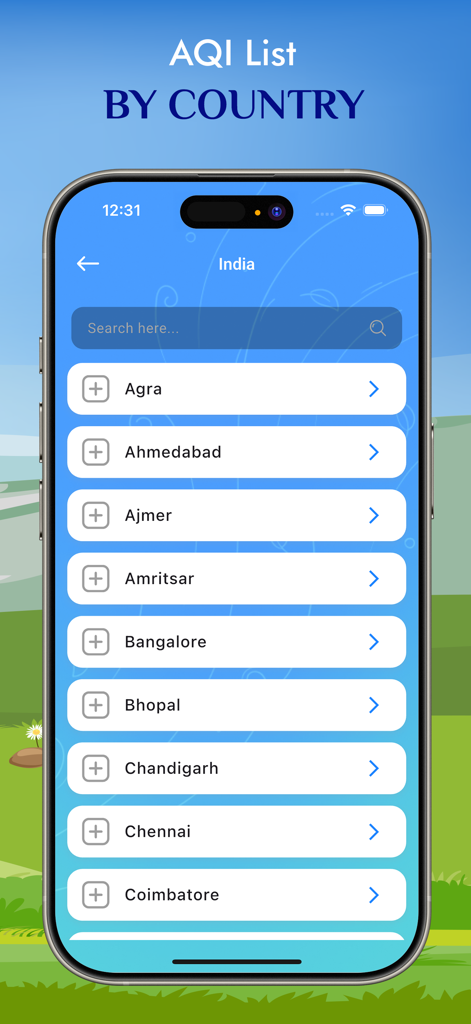 Una lista de ciudades en India dentro de la aplicación del Índice de Calidad del Aire para rastrear los niveles de contaminación.