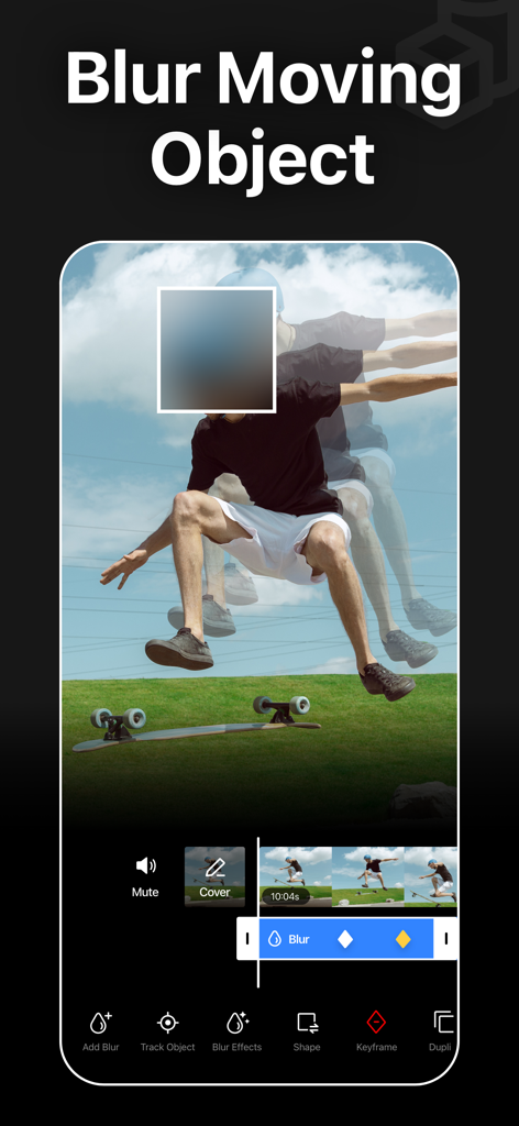 Blur Video - AI Blur Maker - Mobile app interface displaying AI tracking and blurring of a moving person in a video.