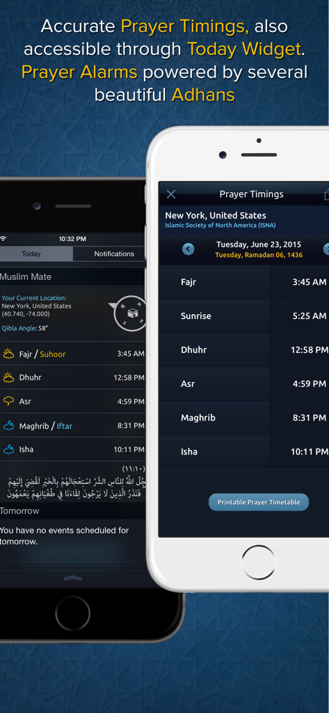 Muslim Mate Pro - Ramadan 2020 - Muslim Mate Pro app interface showing daily prayer timings and today widget on an iPhone