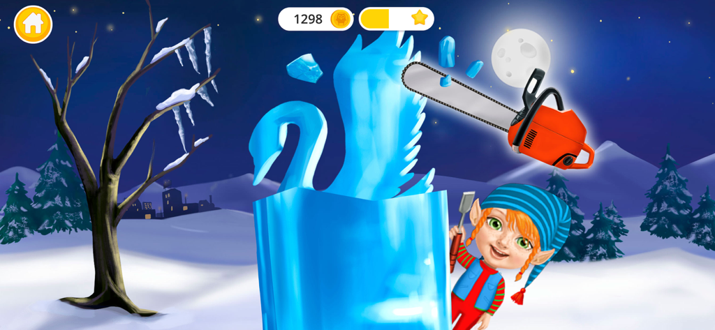 Sweet Olivia - Christmas 2 - An elf character carving a blue swan ice sculpture with a chainsaw in a snowy winter night setting