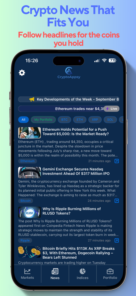 CryptoAppsy: BTC, Coin Tracker - The personalized news feed of the CryptoAppsy app showing tailored cryptocurrency headlines for coins like Ethereum and Bitcoin.
