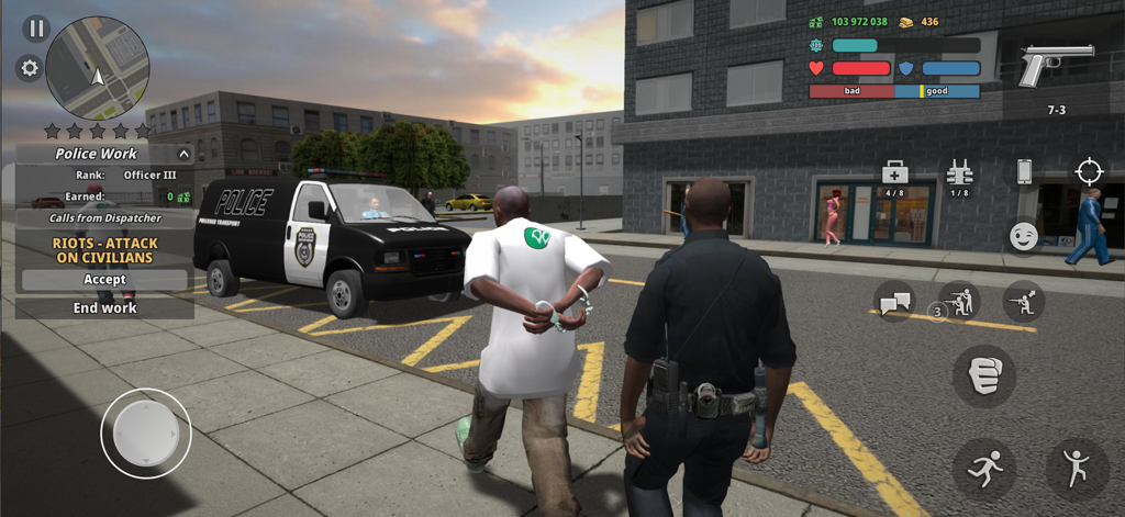 Police Cop Simulator. Gang War - シミュレーションゲームで、市街地の路上で手錠をかけられた容疑者を護送車に向かって連行する警察官。