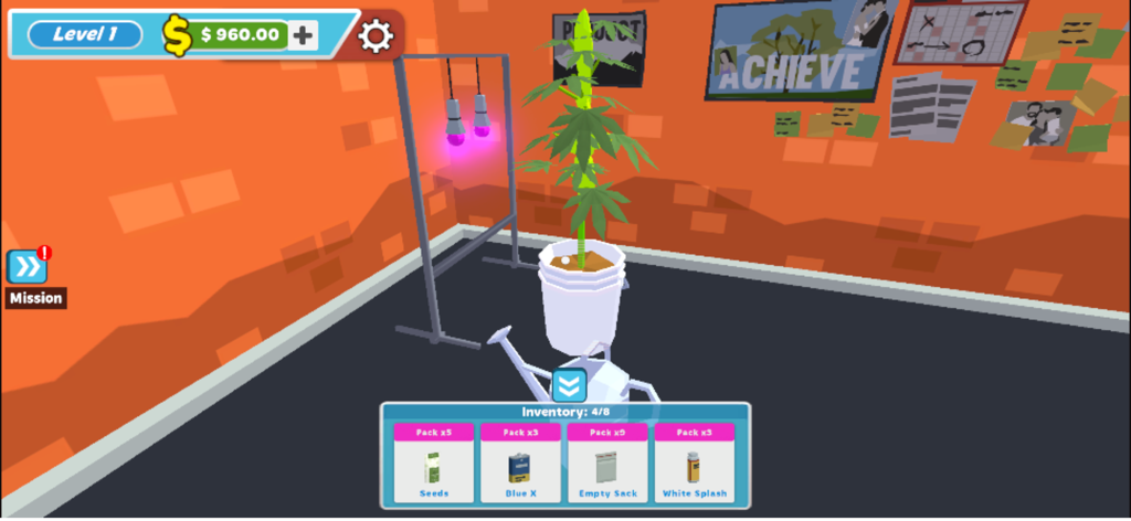 Drug Dealer’s Schedule - 麻薬ディーラーのスケジュールの栽培ゲームプレイシーン。成長ライトと在庫アイテムのある室内栽培が表示されている