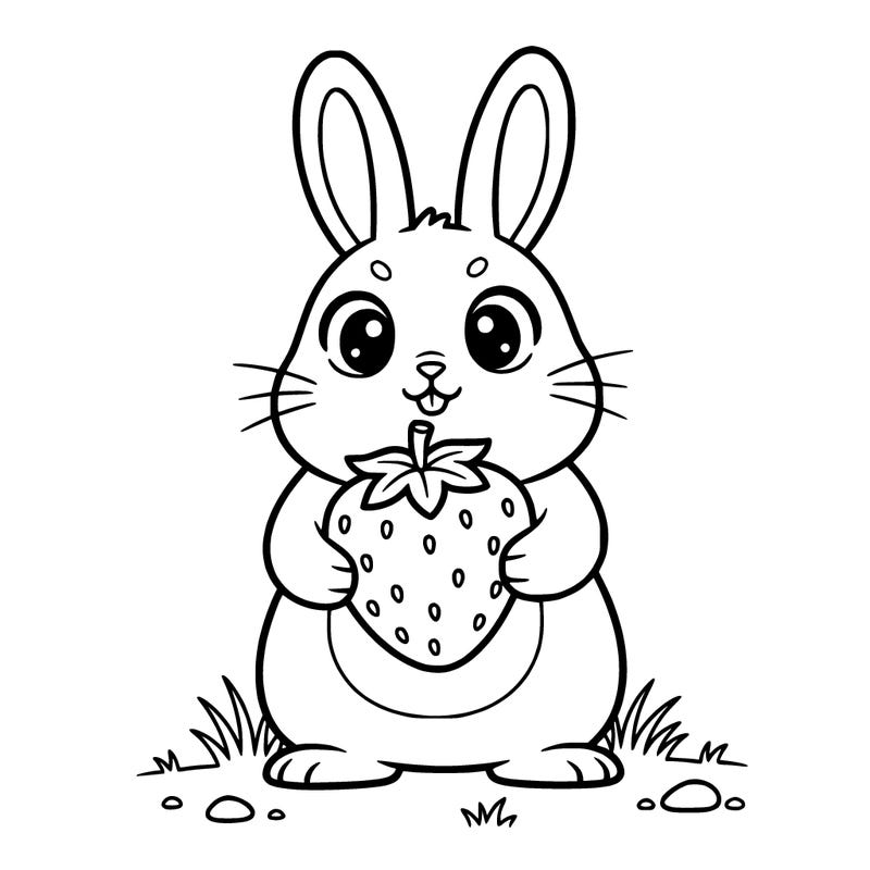 cute simplistic bunny holding a strawberry