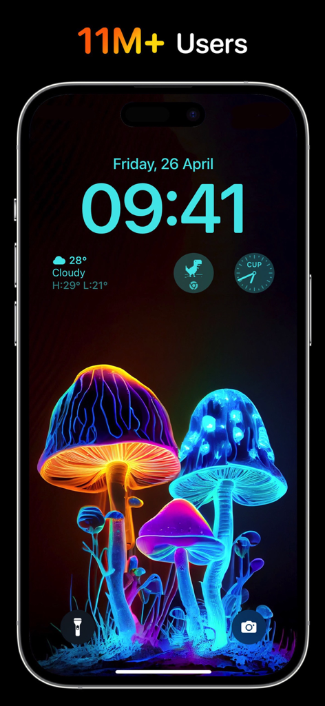 Sfondo di funghi luminosi al neon su una schermata di blocco di iPhone