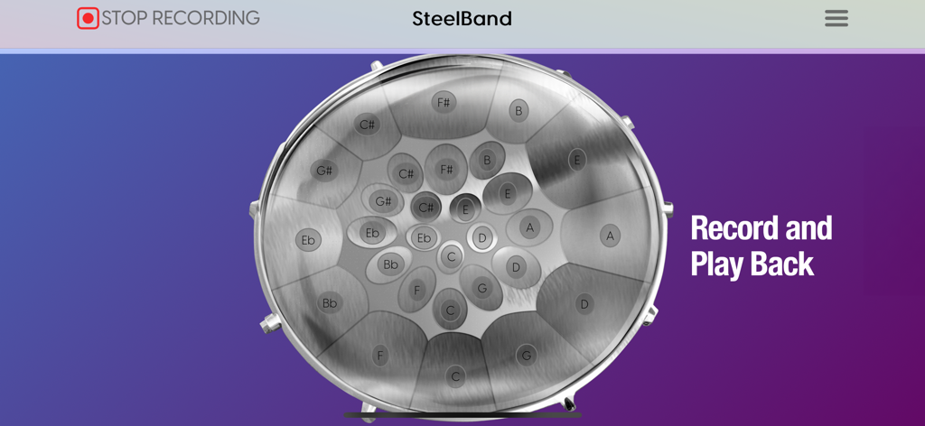 Interface of the Steelband app showing a digital tenor steel pan and recording options