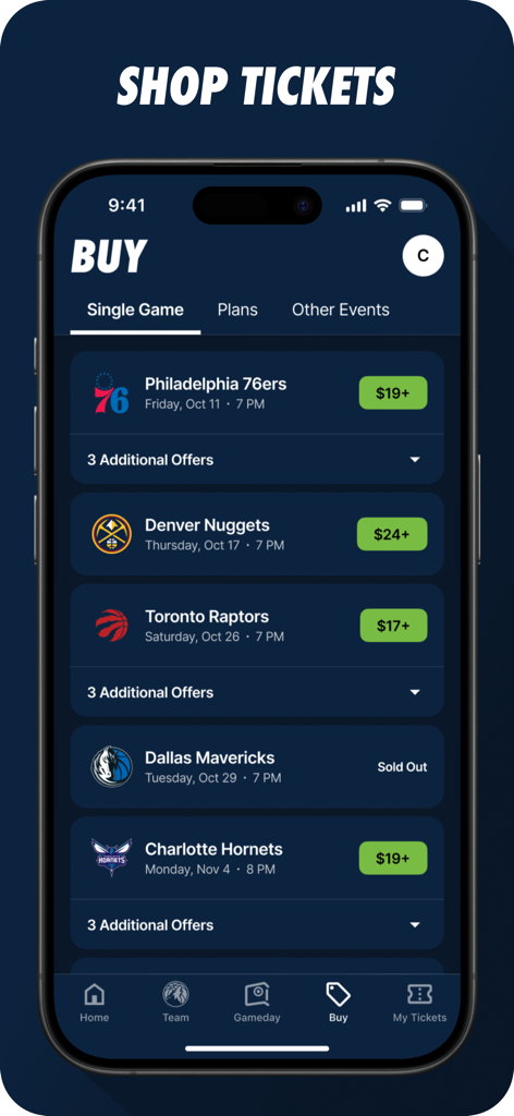 Minnesota Timberwolves - ミネソタ・ティンバーウルブズモバイルアプリのショップチケット画面。今後の試合リストと価格を表示します。