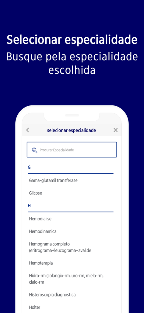 Itaú Saúde - Tela de busca por especialidades médicas e exames no aplicativo Itau Saude