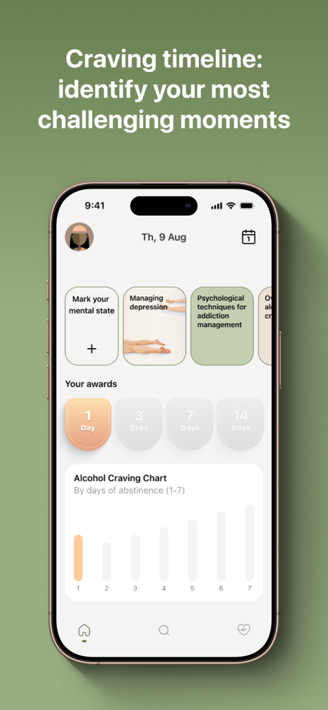 ALCOntrol - Alcohol Tracker - ALCOntrol 앱 인터페이스, 예측 알코올 갈망 차트 및 금주 수상 내역 표시