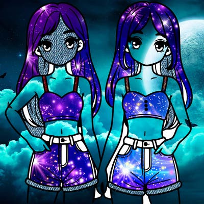 two sisters with crop tops and jean shorts and straight hair