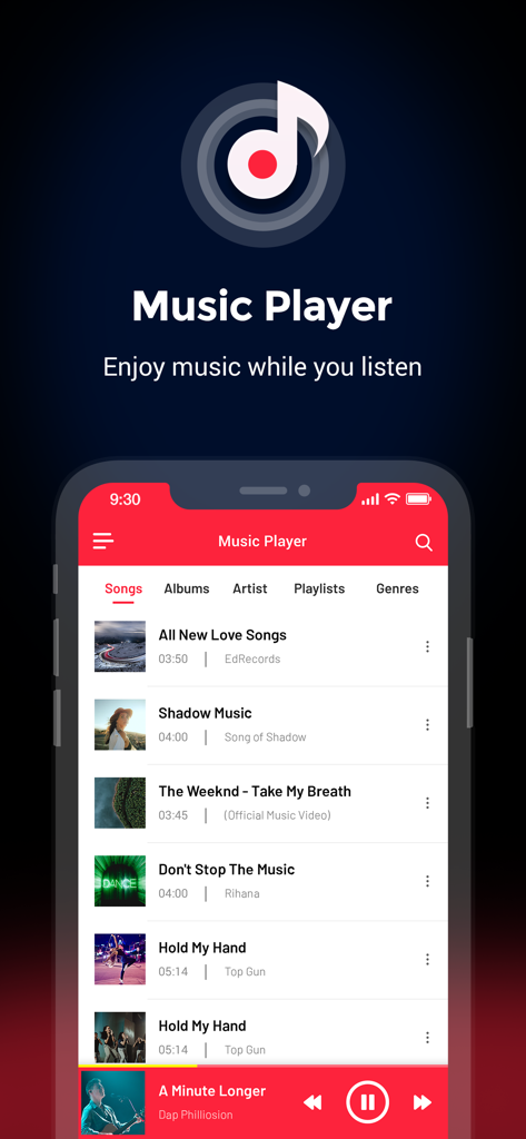 Pantalla de smartphone mostrando la lista de canciones y los controles del reproductor de la aplicación de música sin conexión