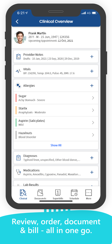 Avalon EMR - Avalon EMR mobile app displaying a patient clinical overview including vitals and allergies