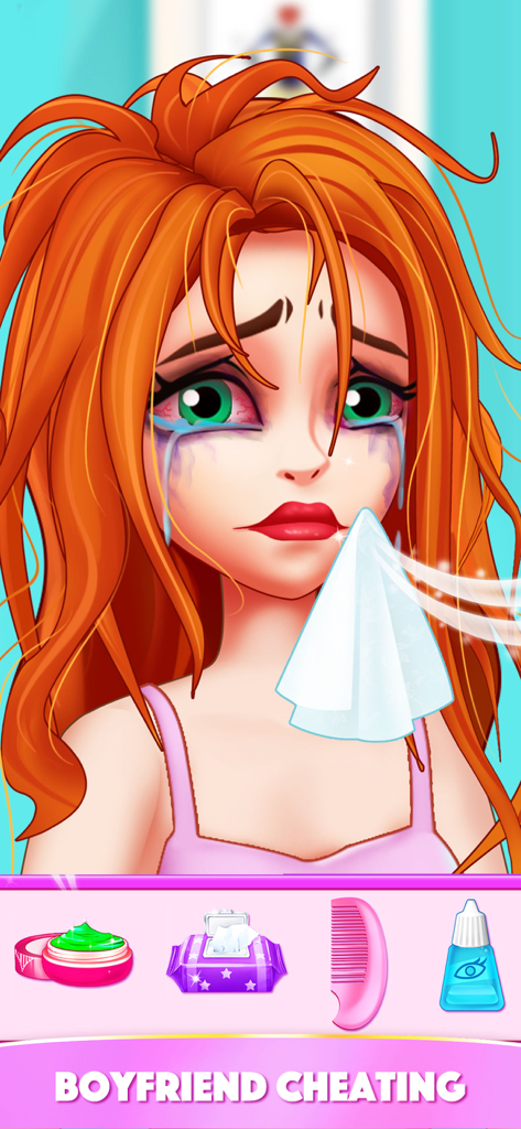Girl Games: Dress Up Makeover - A character crying with messy hair and red eyes in a makeover game story about a cheating boyfriend