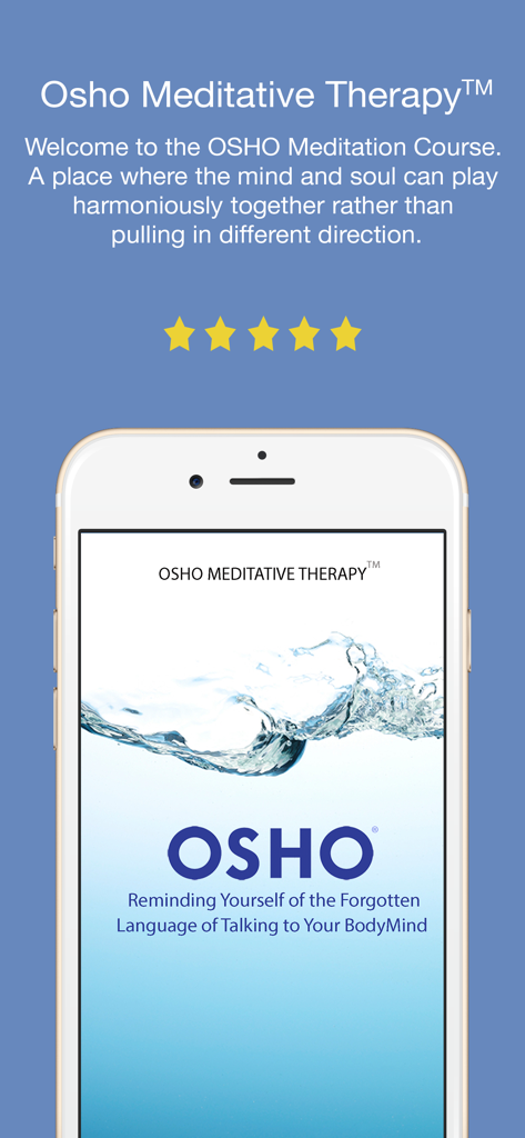 Osho Talking To Your BodyMind - Smartphone screen displaying the Osho Meditative Therapy welcome page with a water splash graphic