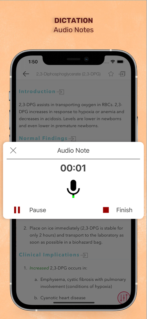 Grabando una nota de audio en la aplicación médica Guía de Laboratorio y Pruebas Diagnósticas.