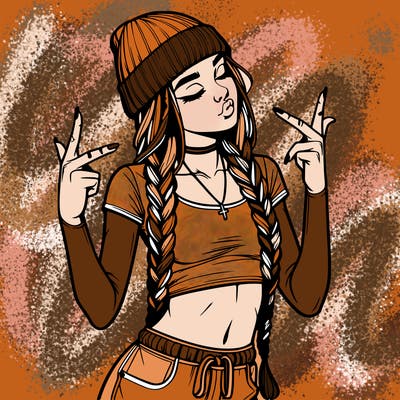 realistic teenage girl with braids and a beanie and crop top doing 🫶🏼