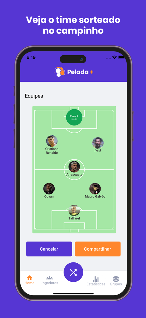 Pelada+ - Mobile App-Bildschirm, der eine Fußballmannschaftsaufstellung mit Spieler-Avataren auf einem digitalen Spielfeld zeigt