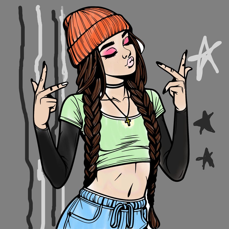 realistic teenage girl with braids and a beanie and crop top doing 🫶🏼