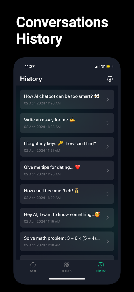 Screenshot della schermata della cronologia delle conversazioni nell'app AI Gimini Smart Solver Chat