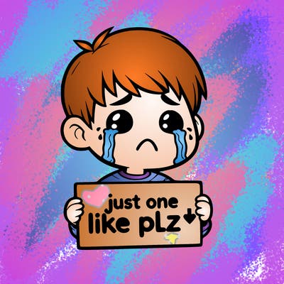 realistic crying boy with a sign saying just one like plz