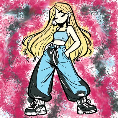 girl in baggy pants crop top and long hair