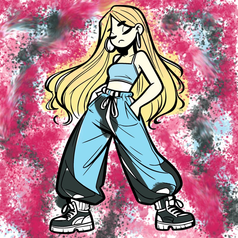 girl in baggy pants crop top and long hair